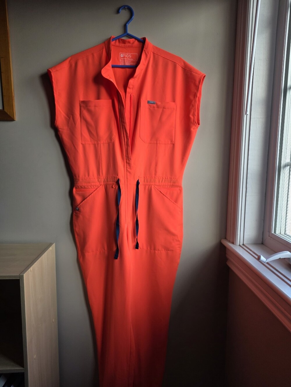 Figs Coral One-Piece Jumpsuit with Navy Drawstrings